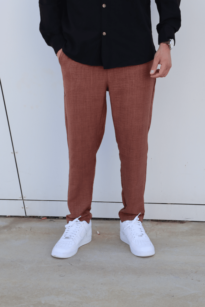 ⁦מכנס פשתן אוברסייז ארוך חום⁩ – תמונה ⁦2⁩