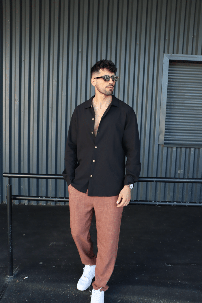 ⁦מכנס פשתן אוברסייז ארוך חום⁩ – תמונה ⁦4⁩