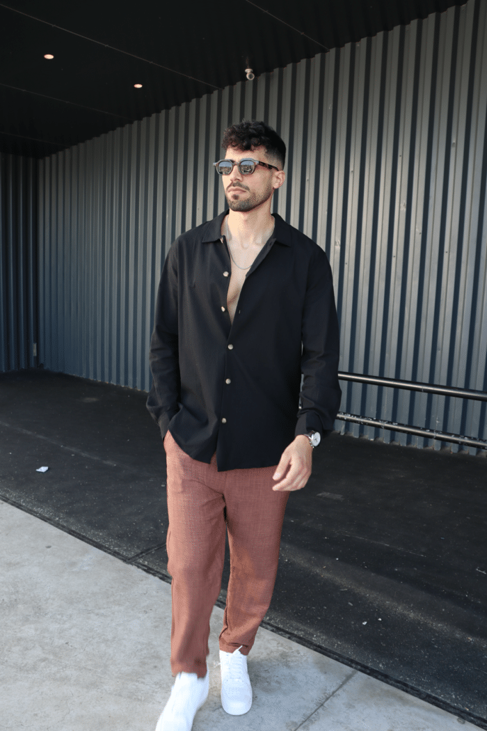 ⁦מכנס פשתן אוברסייז ארוך חום⁩ – תמונה ⁦5⁩