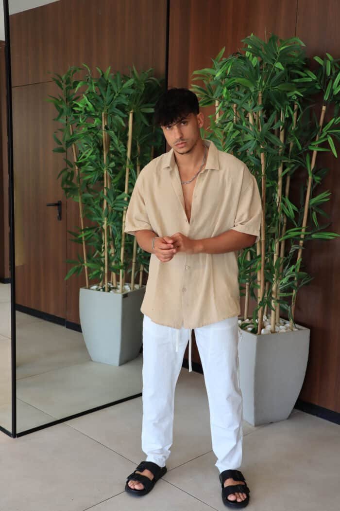 ⁦מכנס פשתן גזרה ישרה לבן⁩ – תמונה ⁦2⁩