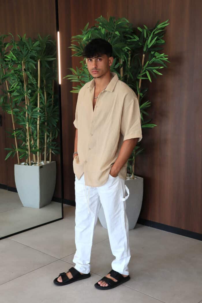 ⁦מכנס פשתן גזרה ישרה לבן⁩ – תמונה ⁦4⁩