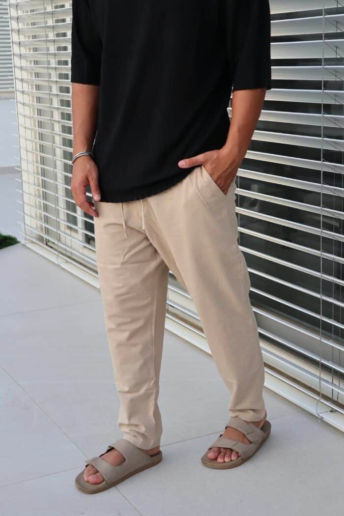 ⁦מכנס פשתן גזרה ישרה בז׳⁩ – תמונה ⁦3⁩