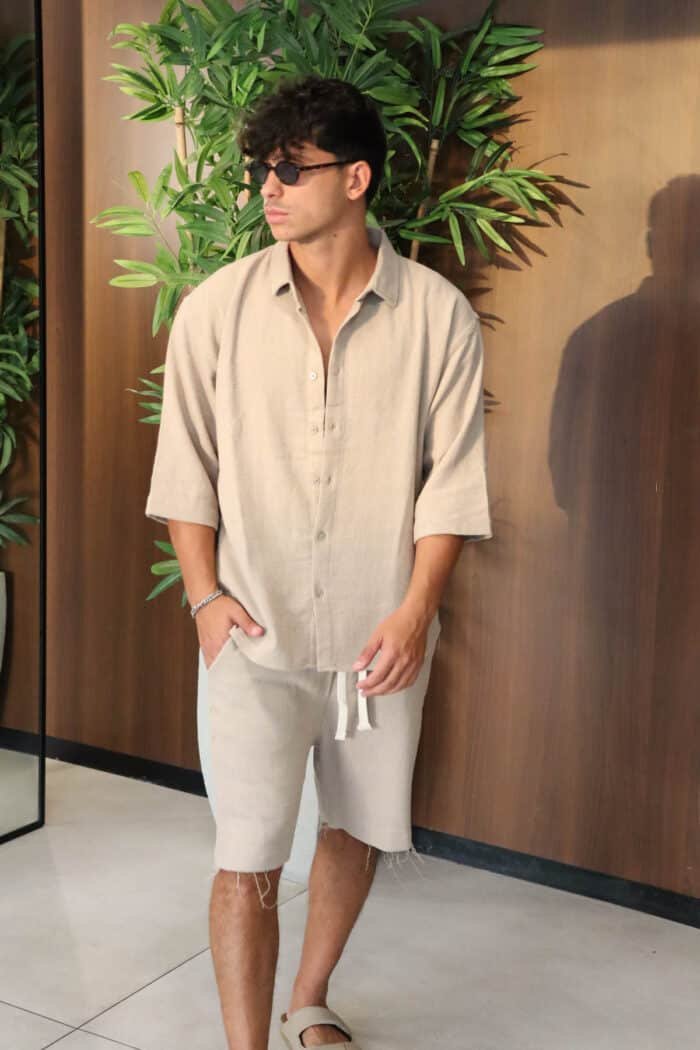 ⁦מכופתרת שרוול מרפק בז׳⁩ – תמונה ⁦4⁩