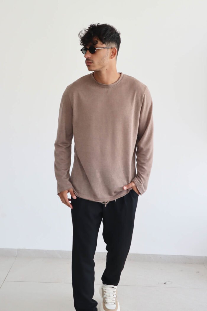 ⁦חולצת פשתן שרוול ארוך חום⁩ – תמונה ⁦3⁩